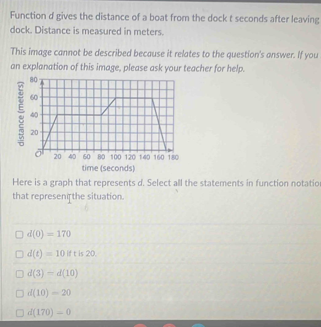 Function d gives the distance of a boat from the dock t seconds after leaving
dock. Distance is measured in meters.
This image cannot be described because it relates to the question's answer. If you
an explanation of this image, please ask your teacher for help.
Here is a graph that represents d. Select all the statements in function notatio
that represent the situation.
d(0)=170
d(t)=10 if t is 20.
d(3)=d(10)
d(10)=20
d(170)=0