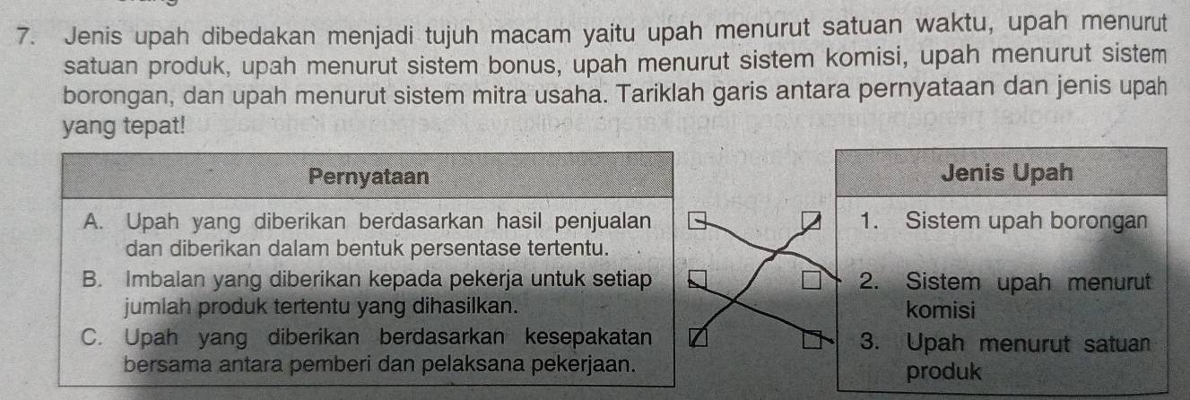 Jenis upah dibedakan menjadi tujuh macam yaitu upah menurut satuan waktu, upah menurut
satuan produk, upah menurut sistem bonus, upah menurut sistem komisi, upah menurut sistem
borongan, dan upah menurut sistem mitra usaha. Tariklah garis antara pernyataan dan jenis upah
yang tepat!
Pernyataan Jenis Upah
A. Upah yang diberikan berdasarkan hasil penjualan 1. Sistem upah borongan
dan diberikan dalam bentuk persentase tertentu.
B. Imbalan yang diberikan kepada pekerja untuk setiap 2. Sistem upah menurut
jumlah produk tertentu yang dihasilkan. komisi
C. Upah yang diberikan berdasarkan kesepakatan 3. Upah menurut satuan
bersama antara pemberi dan pelaksana pekerjaan. produk