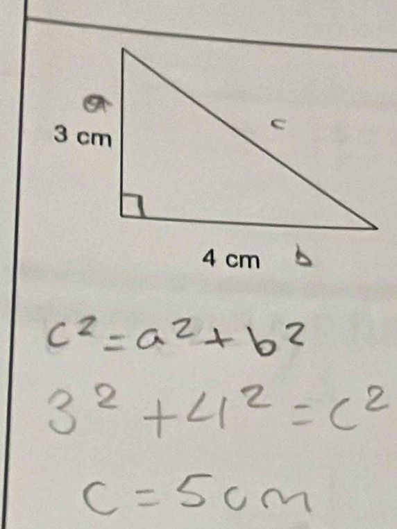 c^2=a^2+b^2
3^2+4^2=c^2
c=5cm