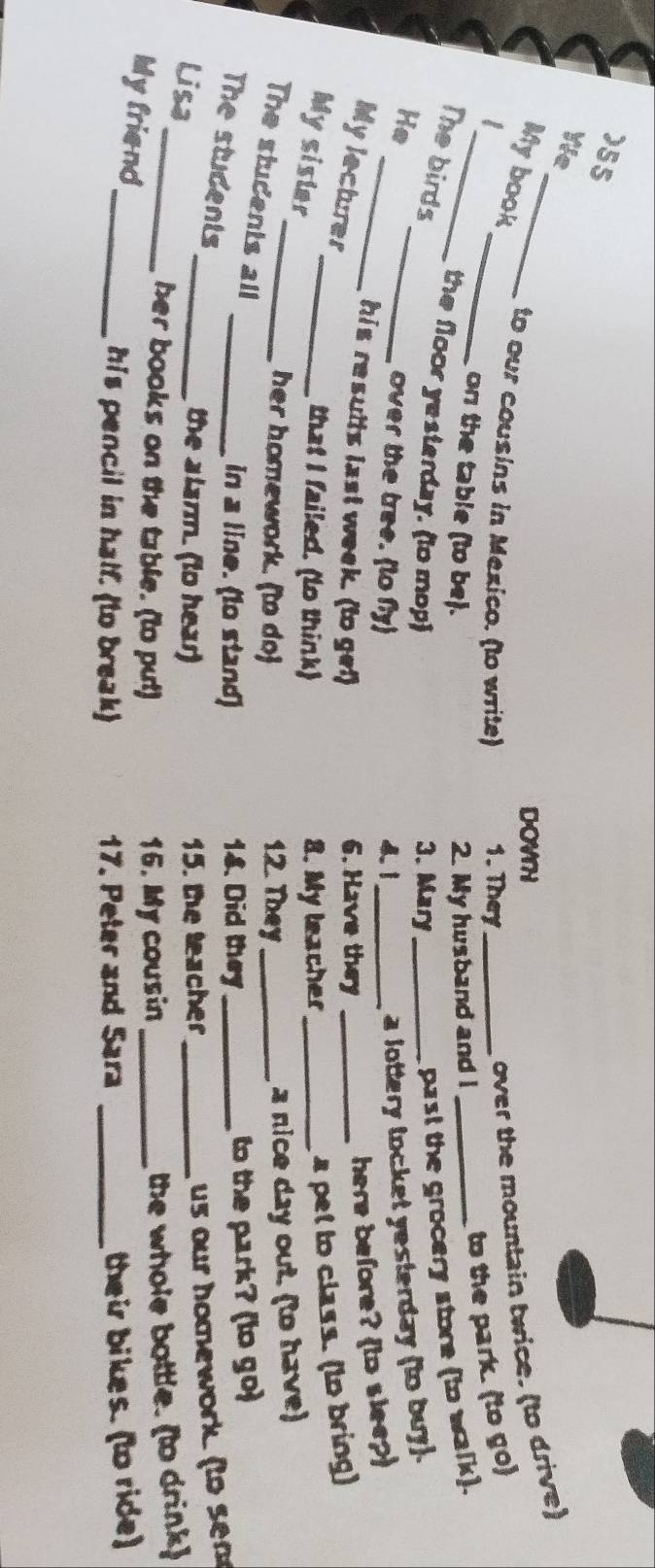 )55 
We 
My book over the mountain twice. (to drive) 
DOVH 
_to our cousins in Mexico. (to write) 1. They_ 
on the table (to be). 2. My husband and I 
to the park. (to go) 
_ 
The birds _past the grocery store (to walk). 
the floor yesterday. (to mop) 
He 
3. Mary 
_over the tree. (to fly) 4.1_ 
a lottery locket yesterday (to buy). 
his results last week. (to get) 
My lecturer 
6. Have they_ 
here before? (to slee?) 
Mysislar_ 
that I failed. (to think) 8. My leacher_ 
a pet to class. (to bring) 
_her homework. (to do) 12. They_ 
a nice day out. (to have) 
The students all 
The students_ 
in a line. (to stand) 14. Did they_ to the park? (to go) 
Lisa 
_the alarm. (to hear) 15. the teacher_ 
us our homework to sn 
_her books on the table. (to put) 16. My cousin_ 
the whole bottle. (to drink 
My friend 
_his pencil in half. (to break) 17. Peter and Sara_ 
their bikes. (to ride)