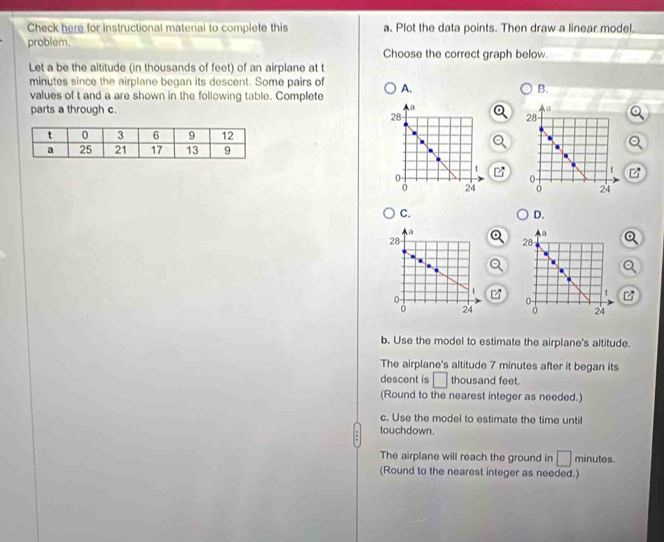 Check here for instructional material to complete this a. Plot the data points. Then draw a linear model.
problem.
Choose the correct graph below.
Let a be the altitude (in thousands of feet) of an airplane at t
minutes since the airplane began its descent. Some pairs of
A.
B.
values of t and a are shown in the following table. Complete
parts a through c.
B

C.
D.
a
28
t
0
24
b. Use the model to estimate the airplane's altitude.
The airplane's altitude 7 minutes after it began its
descent is □ thousand feet.
(Round to the nearest integer as needed.)
c. Use the model to estimate the time until
touchdown.
The airplane will reach the ground in □ minutes.
(Round to the nearest integer as needed.)