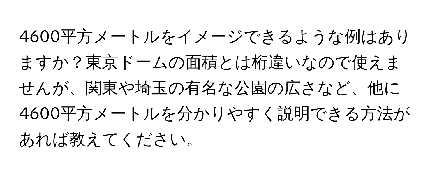 4600平方メートルをイメージできるような例はありますか？東京ドームの面積とは桁違いなので使えませんが、関東や埼玉の有名な公園の広さなど、他に4600平方メートルを分かりやすく説明できる方法があれば教えてください。