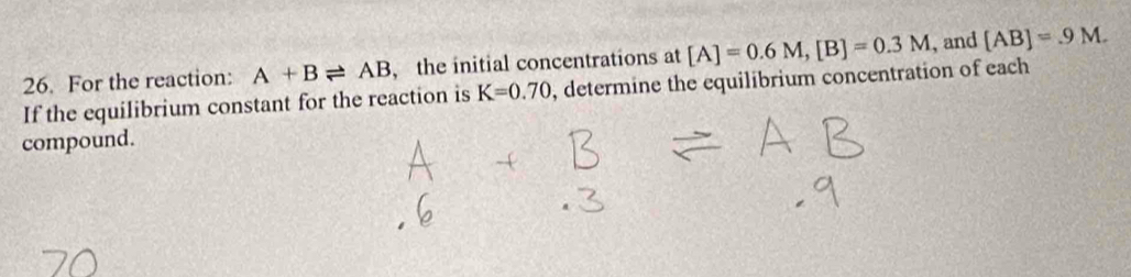 For the reaction: A+Bleftharpoons AB , the initial concentrations at [A]=0.6M, [B]=0.3M , and [AB]=.9M. 
If the equilibrium constant for the reaction is K=0.70 , determine the equilibrium concentration of each 
compound.