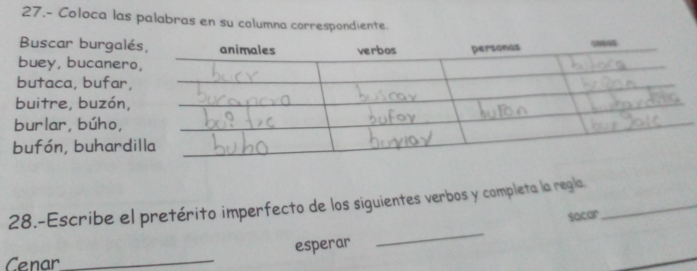 27.- Coloca las palabras en su columna correspondiente.
Buscar burgalé
buey, bucanero
butaca, bufar,
buitre, buzón,
burlar, búho,
bufón, buhardi
28.-Escribe el pretérito imperfecto de los siguientes verbos y completa la regla_
sacar
esperar
_
Cenar_