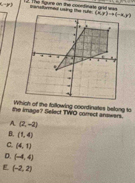 The figure on the coordinate grid was
x,-y) transformed using the rule:
Which of the following coordinates belong to
the image? Select TWO correct answers.
A. (2,-2)
B. (1,4)
C. (4,1)
D. (-4,4)
E. (-2,2)