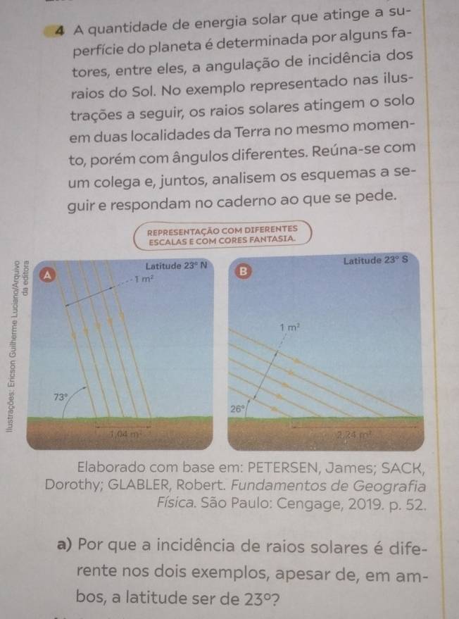 A quantidade de energia solar que atinge a su-
perfície do planeta é determinada por alguns fa-
tores, entre eles, a angulação de incidência dos
raios do Sol. No exemplo representado nas ilus-
trações a seguir, os raios solares atingem o solo
em duas localidades da Terra no mesmo momen-
to, porém com ângulos diferentes. Reúna-se com
um colega e, juntos, analisem os esquemas a se-
guir e respondam no caderno ao que se pede.
REPRESENTAÇÃO COM DIFERENTES
ESCALAS E COM CORES FANTASIA.

Elaborado com base em: PETERSEN, James; SACK,
Dorothy; GLABLER, Robert. Fundamentos de Geografia
Física. São Paulo: Cengage, 2019. p. 52.
a) Por que a incidência de raios solares é dife-
rente nos dois exemplos, apesar de, em am-
bos, a latitude ser de 23° 2