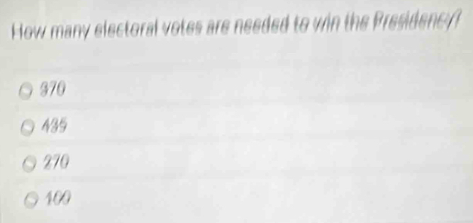 How many electoral votes are needed to win the Presidenc
370
435
270
400