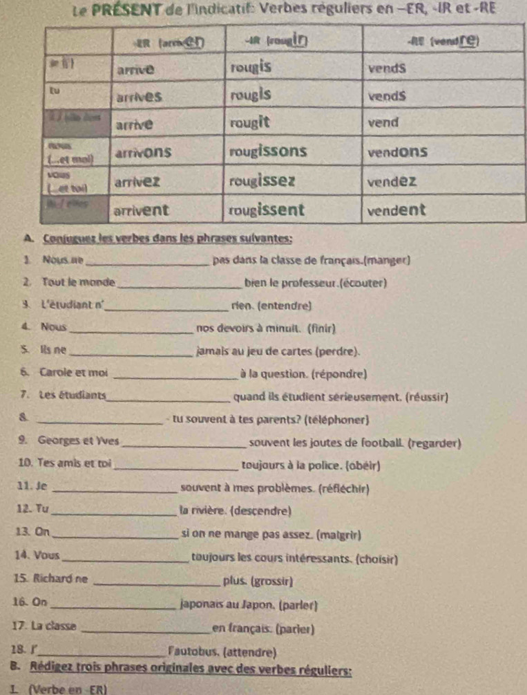 Le PRÉSENT de l'indicatif: Verbes réguliers en −ER, -IR et -RE 
A. Conjuguez les verbes dans les phrases sulvantes: 
1 Nous ae_ pas dans la classe de français.(manger) 
2. Tout le mande _bien le professeur (écouter) 
9. L'étudiant n'_ rien. (entendre) 
4. Nous _nos devoirs à minuit. (finir) 
S. Its ne _jamais au jeu de cartes (perdre). 
6. Carole et moi _ à la question. (répondre) 
7. Les étudiants_ quand ils étudient sérieusement. (réussir) 
& 
_- tu souvent à tes parents? (téléphoner) 
9. Georges et Yves _souvent les joutes de football. (regarder) 
10. Tes amis et toi _toujours à la police. (obéir) 
11. Je _souvent à mes problèmes. (réfléchir) 
12. Tu _la rivière. (descendre) 
13. On_ si on ne mange pas assez. (malgrir) 
14. Vous _toujours les cours intéressants. (choisir) 
15. Richard ne _plus. (grossir) 
16. On_ japonais au Japon. (parler) 
17. La classe _en français. (parier) 
18. ∫_ Fautobus. (attendre) 
B. Rédigez trois phrases originales avec des verbes réguliers: 
J. (Verbe en -ER)