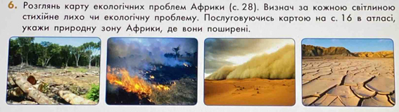 б. Розглянькарту екологічних лроблем Аφрики (с. 28). Визнач за кожною світлиною 
стихійне лихо чи екологічну лроблему. Послуговуючись картою на с. 16 в атласі, 
укажи лриродну зону Аφрики, де вони поширені.