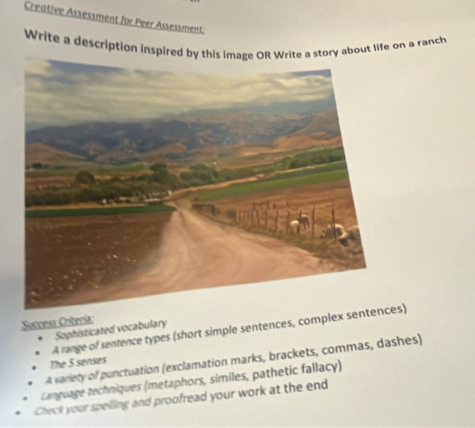 Creative Assessment for Peer Assessment:
Write a description inspired bya story about life on a ranch
Success Criteria:
Sophisticated vocabulary
A range of sentence types (short simple sentences, complex sents)
A variety of punctuation (exclamation marks, brackets, commas, dashes)
The 5 senses
Language techniques (metaphors, similes, pathetic fallacy)
Check your spelling and proofread your work at the end