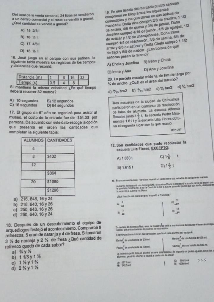 En una tienda del mercado cuatro señoras
Del total de la venta semanal, 24 litros se vendieron
a un centro comercial y el resto se vendió a granel. compraron en killogramos los sigulentes
comestibles y los guardaron en sus bolsas de
¿Qué cantidad se vendió a granel?
mandado: Doña Ana compró 2/8 de chorizo, 1 1/3
A) 15 2/8 l
de cecina, 4/6 de queso y 3/4 de jamón, Doña
Josefina compró 4/16 de jamón, 4/5 de ajonjoli, 1/2
B) 16 ¼ I
de azúcar y 1/2 de champiñones, Doña Irene
C) 17 4/8 l
compró 1/4 de chicharrón, 3/6 de cecina, 6/4 de
arroz y 6/8 de azúcar y Doña Chela compró 1 1/2
D) 18 ½ I
de frijol y 8/5 de azúcar. ¿Las bolsas de qué
16. José juega en el parque con sus patines, la señoras pesan to mismo?
siguiente tabía muestra los registros de los tiempos
y distancias que recorrió:
A) Chela y Josefina B) Irene y Chela
C) Irene y Ana D) Ana y Josefina
20. La parcela escolar mide % de hm de largo por
% de ancho. ¿Cuál es el área del terreno?
Si mantiene la misma velocidad ¿En qué tiempo
deberá recorrer 32 metros? 26/15 hm2 b) 15/24 hm2 c)%hm2 d) ^5/_6 hm2
a)
A) 10 segundos B) 12 segundos
Tres escuelas de la ciudad de Chihuahua
C) 16 segundos D) 64 segundos
participaron en un concurso de recolección
17. El grupo de 6° año se organizó para asistir al
museo, el costo de la entrada fue de $54.00 por Rosales juntó de latas de aluminio. La escuela Alfonso
1 2/3 L la escuela Pedro Mira
persona. De acuerdo con este dato escoge la opción montes 1.61 t y la escuela Lilia Flores obfu-
que presenta en orden las cantidades que vo el segundo lugar con lo que reunió.
M?P-US7
completan la siguiente tabla:
12. Son cantidades que pudo recolectar la
escuela Lilia Flores, EXCEPTO:
C) 1 5/8  t
A) 1.650 t
B) 1.615 t D) 1 3/5 t
12. El ua conviso faunilas. Francissa repartó un pastol entre sus invitados de la siguienta manesa
A Juanta la obsequió una ioncera pañe, a su prima Diana la aissequió la cuorta pana del partel que
le voped rs a Junta y a Diana la coedaba, fraîmeme, a su ta Conchita le dío la cuana porto del pautel que sain tenía, despuéa de
a) 216, 648, 16 y 24 ¿Quó fracción del pratel oeginal to quedó a franciaca?
b) 216, 640, 16 y 26 A beginarrayr 1 ABendarray
q overset 450
c) 250, 648, 16 y 26
d) 250, 640, 16 y 24 8 beginarrayr 2 Aendarray beginarrayr 11 -49 hline endarray
18. Después de un descubrimiento el equipo de
arqueólogos festejó el acontecimiento. Compraron 9 En la clase de Ciandas Natursias, la massira las pidió a los alumnos del esuipo 4 fevar alusnol pa
realizal gel arobactorial en la piáctica de laboriniio
refrescos, 5 eran de naranja y 4 de fresa. Si tomaron A aontinuación se indicen las cantidades que llavó cada stumno del squgo 4:
3 ½ de naranja y 2 ½ de fresa ¿Qué cantidad de Can mbeginarrayr 1 2endarray
refresco quedó de cada sabor? de una bamita de 200 m. -4 de una botela de 600 mi
Peaso beginarrayr 2 2endarray Caita
a) % y ½ os una boseita de 700 má beginarrayr 1 1 -4endarray os una bomás en 900 ro
b) 11/3 y 1 ½ La iaestra juntó todo el siscbor en una soía ibitaria y lo rparsia en partas iguaas entre las e
c) 1 ½ y 1 ¾ alumnas. ycudrto aloohoi lo tocará a cada una de elloq?
d) 2¾ y 1 % 0 342.5 r A) 253 % eá D s350.0 mll Cì 602 ǎed 115