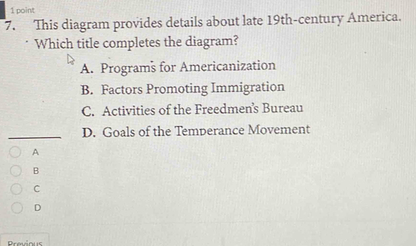 This diagram provides details about late 19th-century America.
Which title completes the diagram?
A. Programs for Americanization
B. Factors Promoting Immigration
C. Activities of the Freedmen’s Bureau
D. Goals of the Temperance Movement
A
B
C
D
Previous