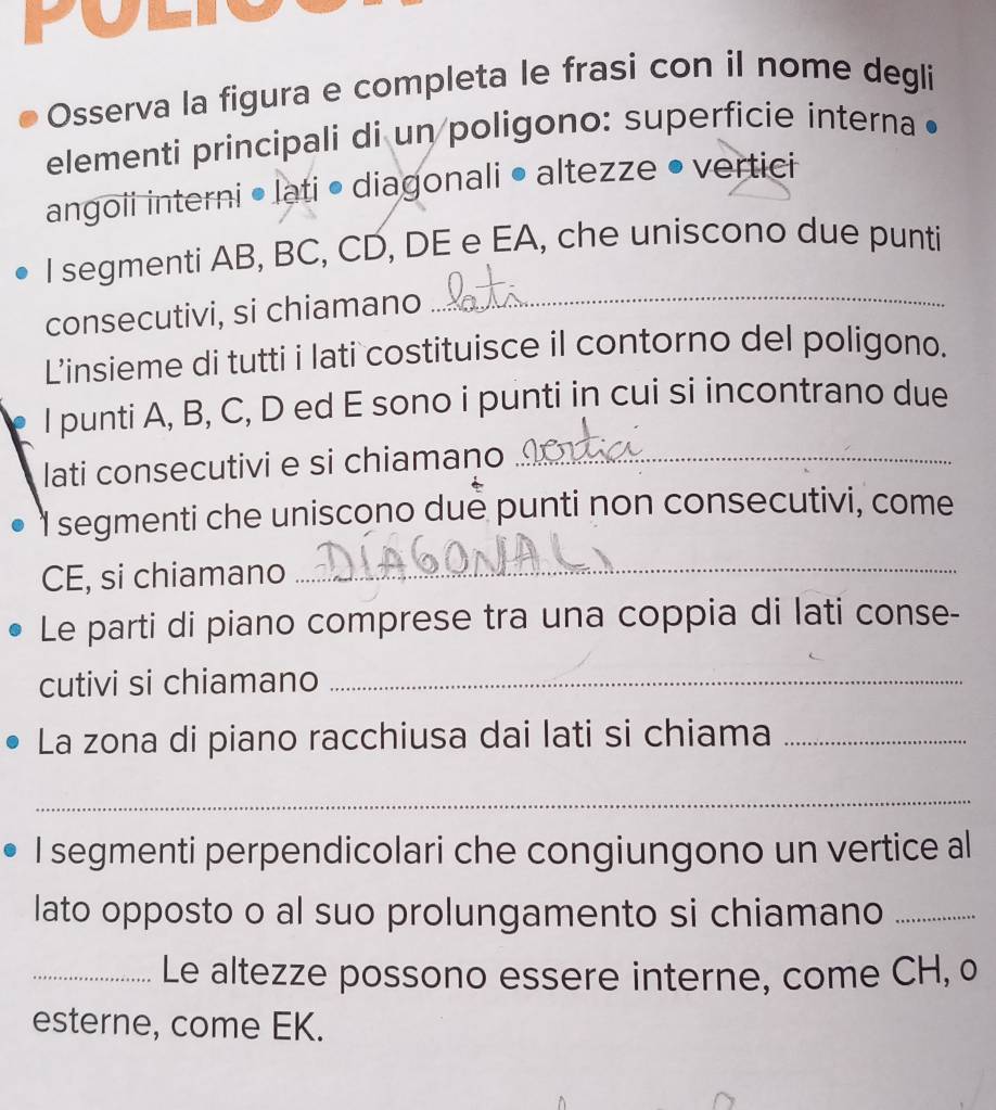 Osserva la figura e completa le frasi con il nome degli 
elementi principali di un poligono: superficie interna • 
angoii interni • lati • diagonali • altezze • vertici 
_ 
I segmenti AB, BC, CD, DE e EA, che uniscono due punti 
consecutivi, si chiamano 
L’insieme di tutti i lati costituisce il contorno del poligono. 
I punti A, B, C, D ed E sono i punti in cui si incontrano due 
lati consecutivi e si chiamano_ 
I segmenti che uniscono due punti non consecutivi, come 
CE, si chiamano_ 
Le parti di piano comprese tra una coppia di lati conse- 
cutivi si chiamano_ 
La zona di piano racchiusa dai lati si chiama_ 
_ 
I segmenti perpendicolari che congiungono un vertice al 
lato opposto o al suo prolungamento si chiamano_ 
_Le altezze possono essere interne, come CH, o 
esterne, come EK.