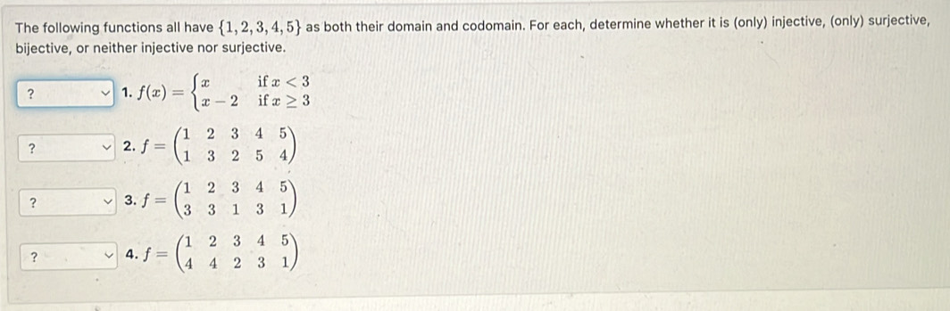Solved: The following functions all have 1,2,3,4,5 as both their domain ...