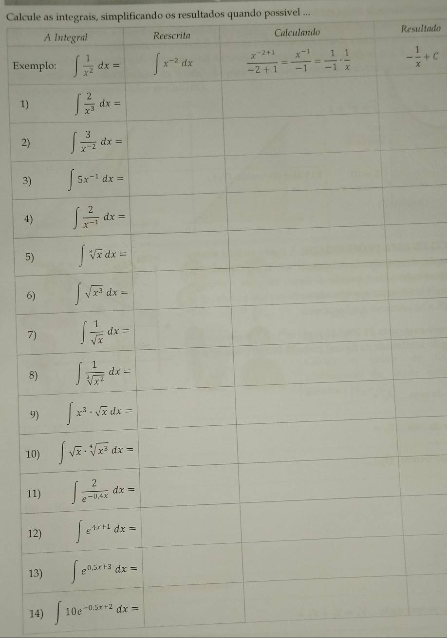 Calcule as integrais, simplificando os resultados quando possível ...
culando Resultado
Exe
- 1/x +C
1)
2)
3)
4
5
6
7
8
9
1
1
1
1
14) ∈t 10e^(-0.5x+2)dx=