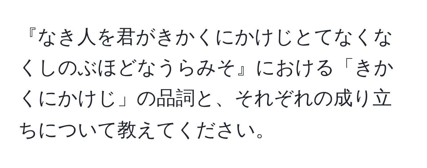 『なき人を君がきかくにかけじとてなくなくしのぶほどなうらみそ』における「きかくにかけじ」の品詞と、それぞれの成り立ちについて教えてください。