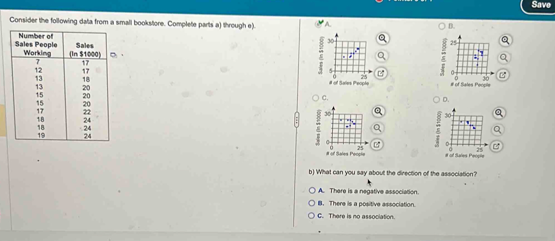 Save
Consider the following data from a small bookstore. Complete parts a) through e). A.
B.

a

# of Sales People # of Sales People
C. D.

5 
z
# of Sales People # of Sales People
b) What can you say about the direction of the association?
A. There is a negative association.
B. There is a positive association.
C. There is no association.