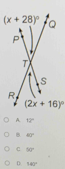 A. 12°
B. 40°
C. 50°
D. 140°