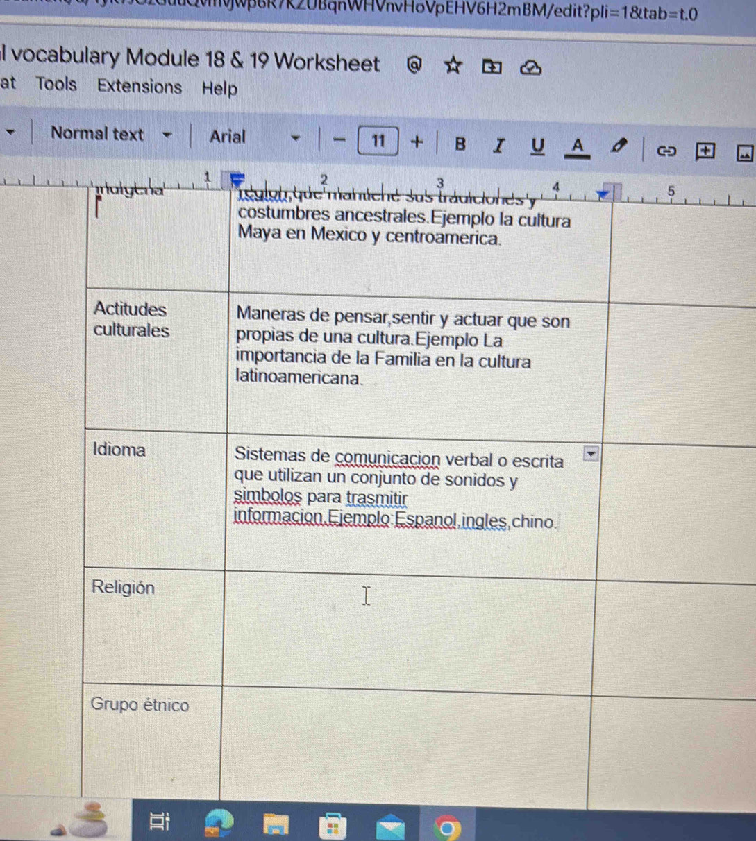 wp6R7R2UBqnWHVnvHoVpEHV6H2mBM/edit? pli=1 tab=t.0 
l vocabulary Module 18 & 19 Worksheet 
at Tools Extensions Help 
Normal text Arial 11 + B I U A - +