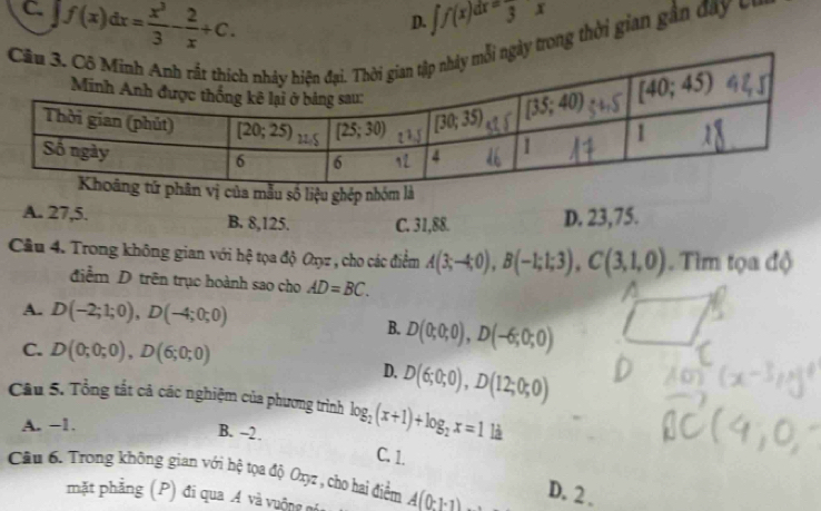 C. f(x)dx= x^3/3 - 2/x +C.
D. ∈t f(x)dx=frac 3x
ngày trong thời gian gần đay  v 
u số liệu ghép nhóm
A. 27,5. B. 8,125. C. 31,88. D. 23,75.
Cầu 4. Trong không gian với hệ tọa độ Onz , cho các điểm A(3;-4;0),B(-1;1;3),C(3,1,0). Tìm tọa độ
điểm D trên trục hoành sao cho AD=BC.
A. D(-2;1;0),D(-4;0;0)
B. D(0;0;0),D(-6;0;0)
C. D(0;0;0),D(6;0;0)
D. D(6;0;0),D(12;0;0)
Câu 5. Tổng tắt cả các nghiệm của phương trình log _2(x+1)+log _2x=1 là
A. −1.
B. -2 . C. 1.
Câu 6. Trong không gian với hệ tọa độ Oxyz , cho hai điểm A(0-1-1) D. 2 .
mặt phẳng (P) đi qua Á và vuởng mó