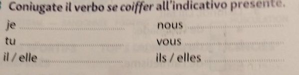 Coniugate il verbo se coiffer all’indicativo presente. 
je _nous_ 
tu _vous_ 
il / elle _ils / elles_