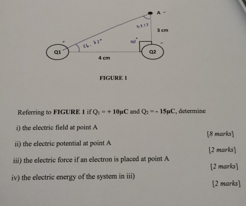 FIGURE 1 
Referring to FIGURE 1 if Q_1=+10mu C and Q_2=-15mu C , determine 
i) the electric field at point A
[8 marks] 
ii) the electric potential at point A
[2 marks] 
iii) the electric force if an electron is placed at point A
[2 marks] 
iv) the electric energy of the system in iii) 
[2 marks]