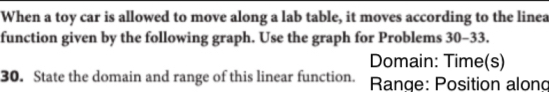 When a toy car is allowed to move along a lab table, it moves according to the linea 
function given by the following graph. Use the graph for Problems 30-33. 
Domain: Time(s) 
30. State the domain and range of this linear function. Range: Position alond