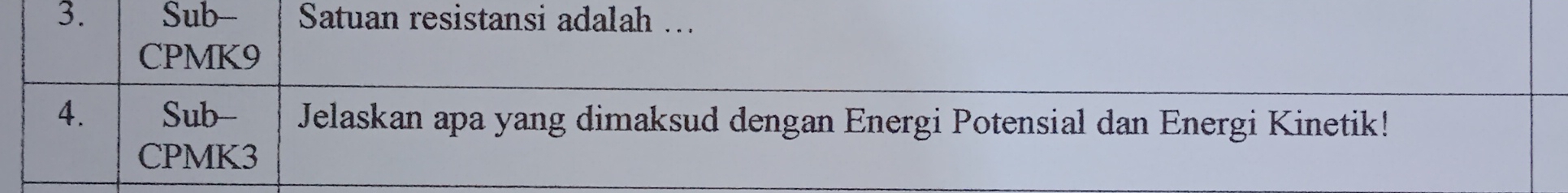 Sub- Satuan resistansi adalah ...
CPMK9
4. Sub-- Jelaskan apa yang dimaksud dengan Energi Potensial dan Energi Kinetik!
CPMK3