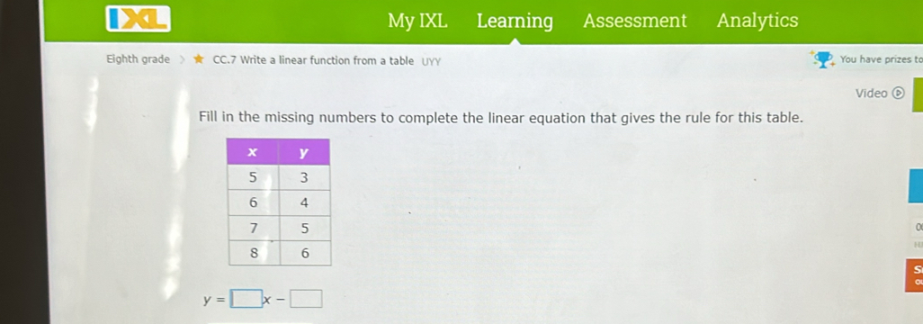 My IXL Learning Assessment Analytics 
Eighth grade CC.7 Write a linear function from a table UYY You have prizes to 
Video ⑥ 
Fill in the missing numbers to complete the linear equation that gives the rule for this table.
y=□ x-□