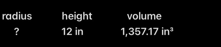 radius height volume 
? 12 in 1,357.17in^3