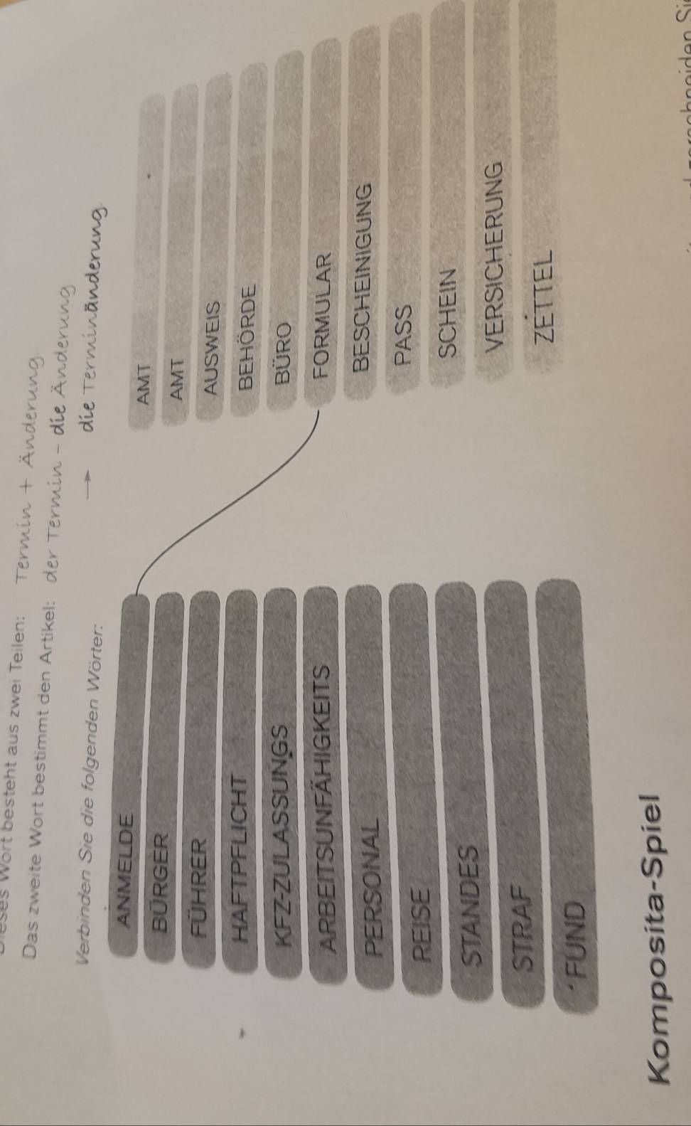 es Wort besteht aus zwei Teilen: Termín + Änderung. 
Das zweite Wort bestimmt den Artikel: der Termín - die Änderung 
Verbinden Sie die folgenden Wörter: 
die Terminänderung 
ANMELDE 
AMT 
BÜRGER 
AMT 
FÜHRER 
AUSWEIS 
HAFTPFLICHT BEHÖRDE 
KFZ-ZULASSUNGS BÜRO 
ARBEITSUNFÄHIGKEITS FORMULAR 
PERSONAL 
BESCHEINIGUNG 
PASS 
REISE 
SCHEIN 
STANDES 
VERSICHERUNG 
STRAF 
ZÉTtel 
`FUND 
Komposita-Spiel