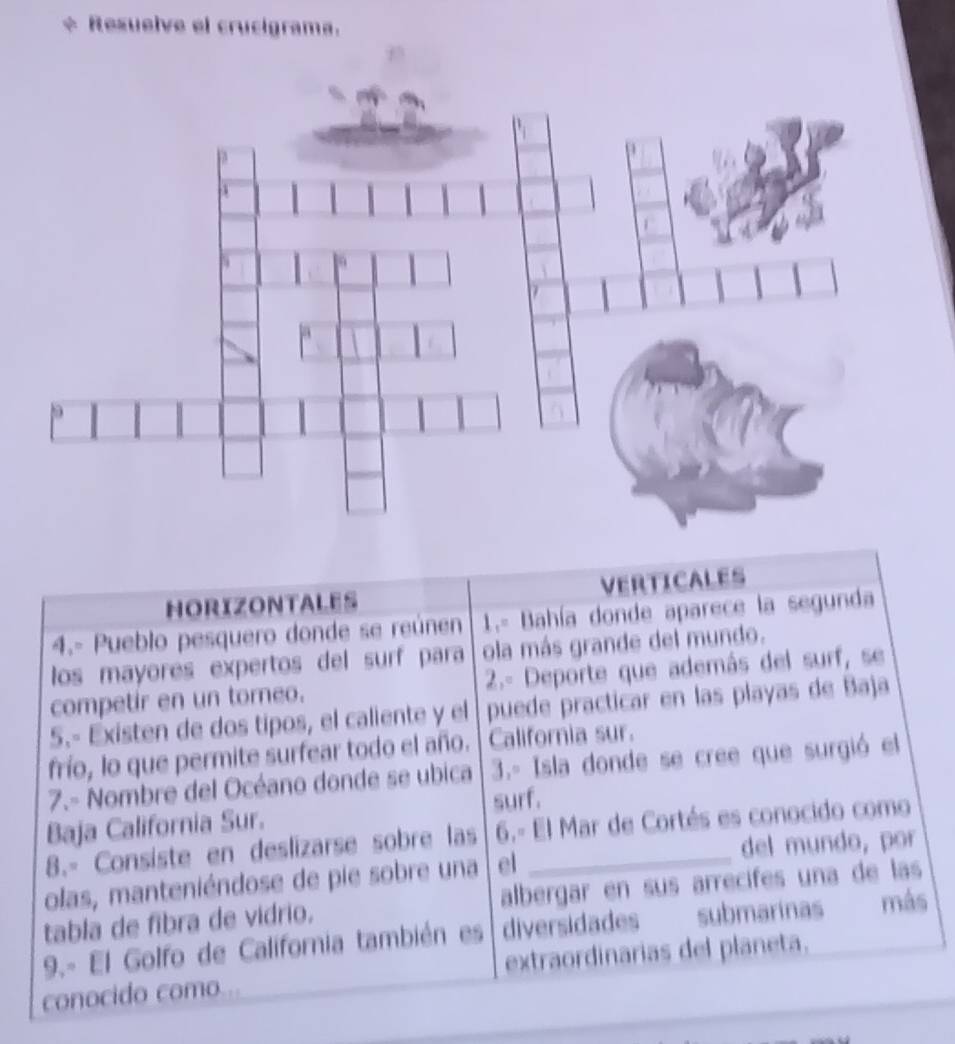 Resuelve el crucigrama. 
HORIZONTALES VERTICALES 
4.- Pueblo pesquero donde se reúnen 1.= Bahía donde aparece la segunda 
los mayores expertos del surf para ola más grande del mundo. 
competir en un tomeo. 2.- Deporte que además del surf, se 
5.- Existen de dos tipos, el caliente y el puede practicar en las playas de Baja 
frío, lo que permite surfear todo el año. California sur. 
7.- Nombre del Océano donde se ubica 3.- Isla donde se cree que surgió el 
surf. 
Baja California Sur. 
8.- Consiste en deslizarse sobre las 6.- El Mar de Cortés es conocido como 
olas, manteniéndose de pie sobre una el _del mundo, por 
tabla de fibra de vidrio. albergar en sus arrecifes una de las 
diversidades submarinas más 
9.- El Golfo de California también es extraordinarias del planeta. 
conocido como...