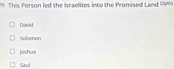 This Person led the Israelites into the Promised Land (2pʦ)
David
Solomon
Joshua
Saul