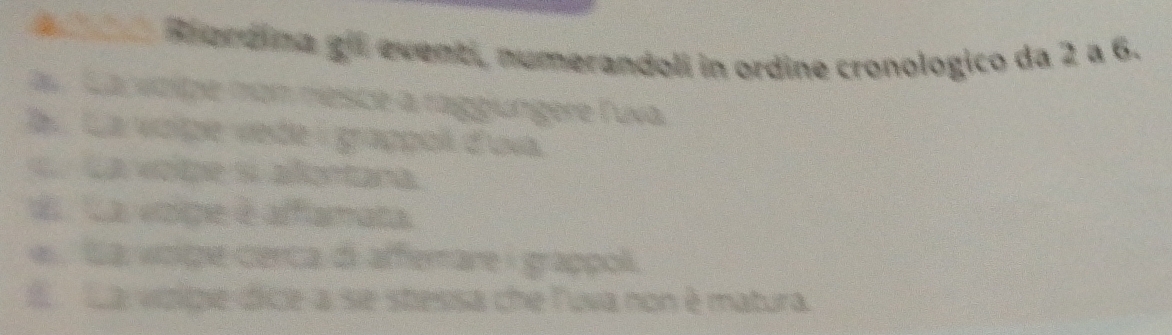 Bardina gil event, numerandoli in ordine cronologico da 2 a 6.
u La voitze nom nésce a raggüngere Tuva
D La voipe vede grappol d'uva
c. La vobe s alortana
d La voipe è affamata.
w. Ga voge cerca d afferare : grappol.
E La vizipe dice a se stessa che Tuva non è matura