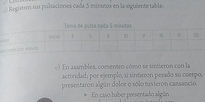  Registren sus pulsaciones cada 5 minutos en la siguiente tabla: 
e 
E 
e) En asamblea, comenten cómo se sintieron con la 
actividad; por ejemplo, si sintieron pesado su cuerpo, 
presentaron algún dolor o sólo tuvieron cansancio. 
> En caso haber presentado algún