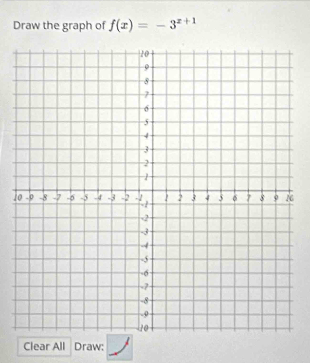 Draw the graph of f(x)=-3^(x+1)
1 
Clear All Draw: