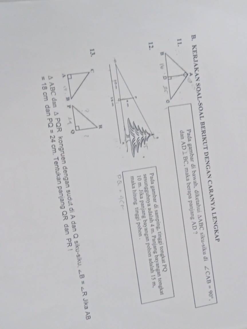 KERJAKAN SOAL-SOAL BERIKUT DENGAN CARANYA LENGKAP 
Pada gambar di bawah, diketahui △ ABC siku-siku di ∠ CAB=90°, 
11、dan AD⊥ BC , maka berapa panjang AD ? 
sesungguhnya adalah 4 m. Panjang bayangan tongkat 
12. 
Pada gambar di samping, tinggi tongkat PQ
10 m. Jika panjang bayangan pohon adalah 15 m, 
maka hitung tinggi pohon . 
13.
∠ B=∠ R Jika AB
△ ABC dan anPQ=24cm △ PQR kongruen dengan sudut di A dan Q siku-siku,
=18cm d . Tentukan panjang QR dan PR!