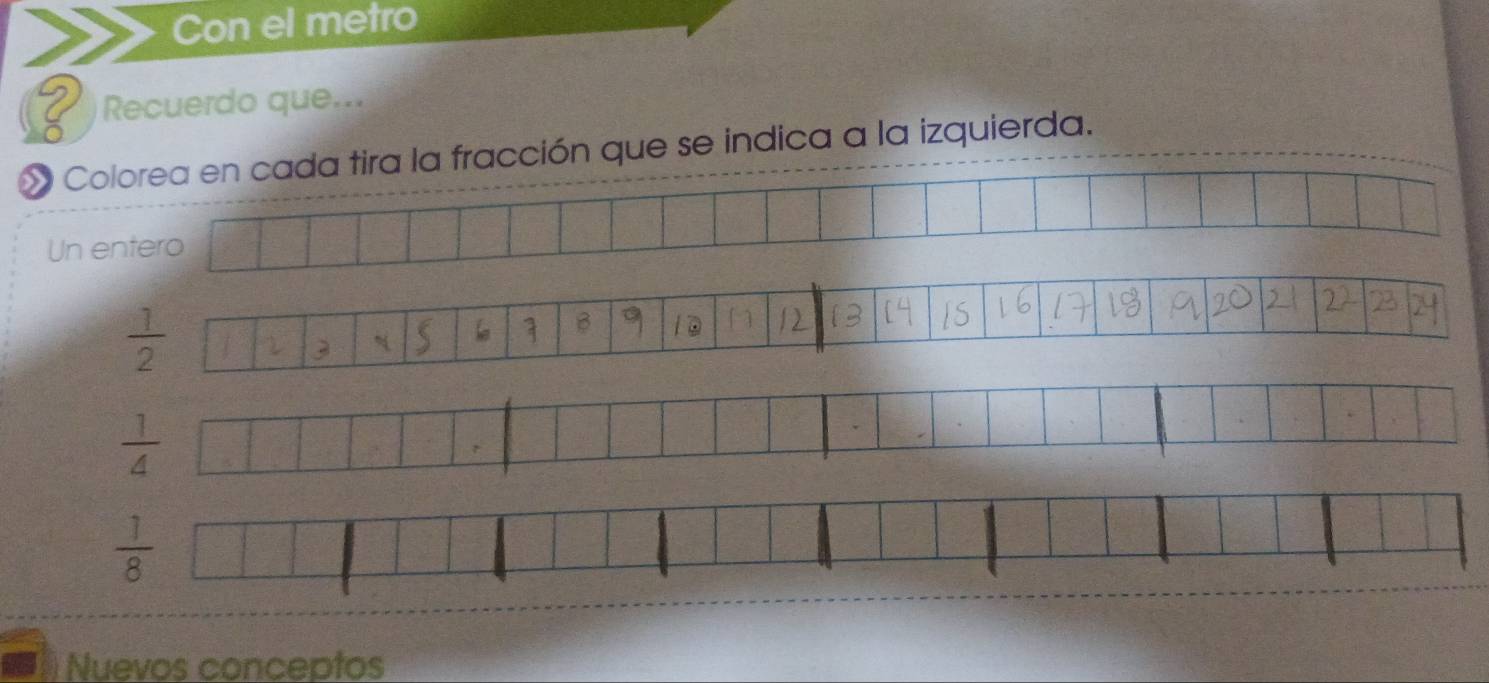 Con el metro 
Recuerdo que... 
Cn cada tira la fracción que se indica a la izquierda. 
Un e
 1/2 
 1/4 
 1/8 
Nuevos conceptos