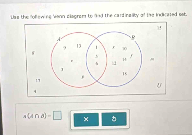 Use the following Venn diagram to find the cardinality of the indicated set.
n(A∩ B)=□ × 5