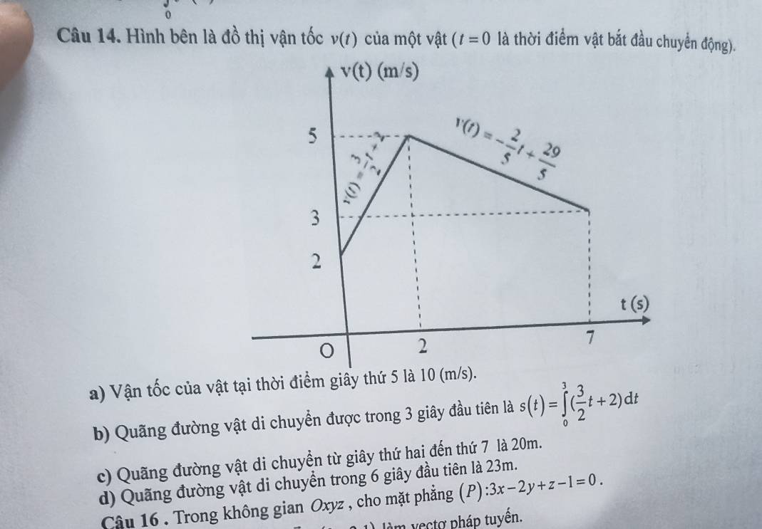 Hình bên là đồ thị vận tốc v(t) của một vật (t=0 là thời điểm vật bắt đầu chuyển động).
a) Vận tốc của vật tại thời điểm giây thứ 5 là 10
b) Quãng đường vật di chuyển được trong 3 giây đầu tiên là s(t)=∈tlimits _0^(1(frac 3)2t+2)dt
c) Quãng đường vật di chuyển từ giây thứ hai đến thứ 7 là 20m.
d) Quãng đường vật di chuyển trong 6 giây đầu tiên là 23m.
Câu 16 . Trong không gian Oxyz , cho mặt phẳng (P) :3x-2y+z-1=0.
m vectợ pháp tuyền.