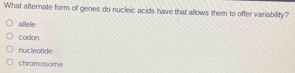 What alternate form of genes do nucleic acids have that allows them to offer variability?
allele
codon
nucleotide
chromosome