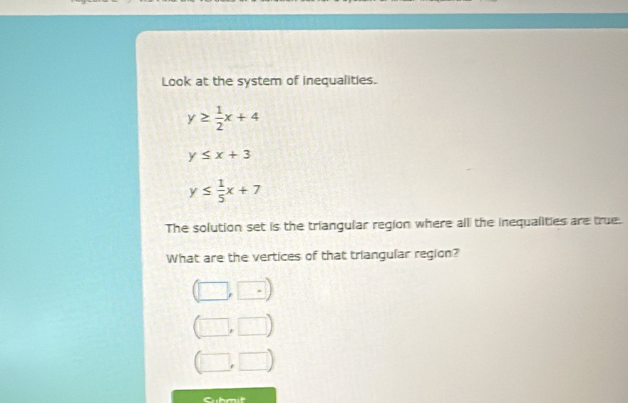 Look at the system of inequalities.
y≥  1/2 x+4
y≤ x+3
y≤  1/5 x+7
The solution set is the triangular region where all the inequalities are true.
What are the vertices of that triangular region?
□°
□
□ )