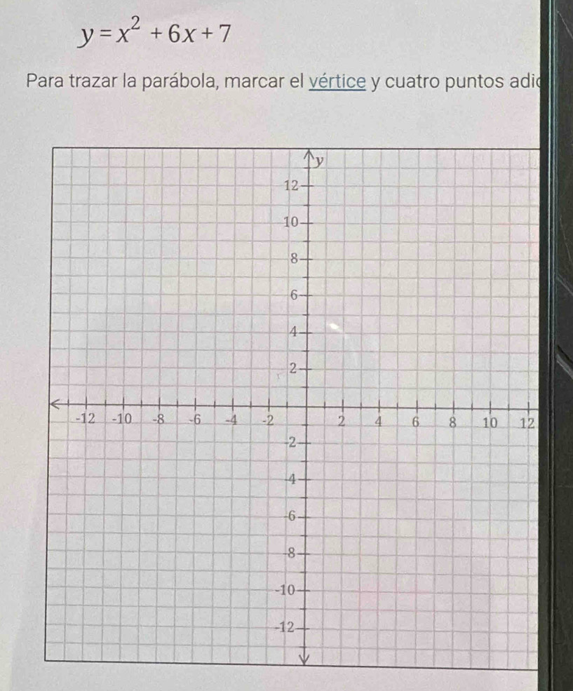 y=x^2+6x+7
Para trazar la parábola, marcar el vértice y cuatro puntos adio