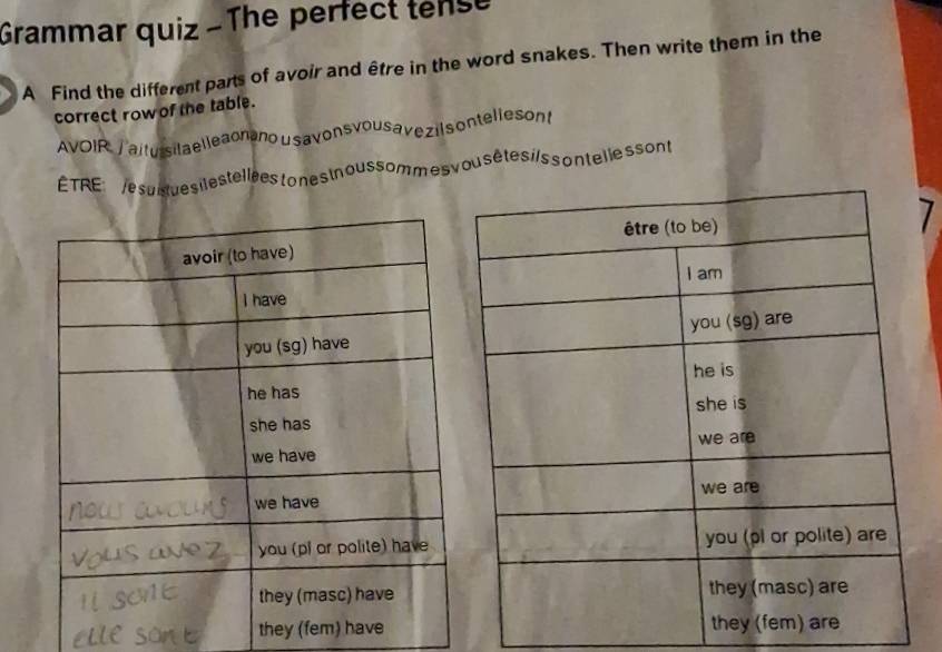 Grammar quiz - The perfect tense 
A Find the different parts of avoir and être in the word snakes. Then write them in the 
correct row of the table. 
AVOIRTaitursila elleaonanou savonsvousa vezils ontellesont 
ÉTRE : esuitue s il e s tel lees o nestn ouss ommes vou sêtes i/ss on telle s son t 
they (fem) ha