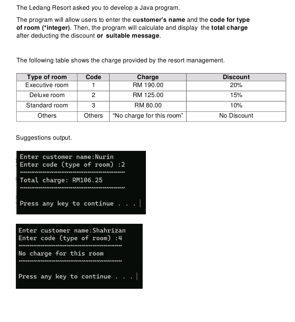 The Ledang Resort asked you to develop a Java program. 
The program will allow users to enter the customer's name and the code for type 
of room (*integer). Then, the program will calculate and display the total charge 
after deducting the discount or suitable message. 
The following table shows the charge provided by the resort management. 
Suggestions output. 
Enter customer name:Nurin 
Enter code (type of room) :2 
Total charge: RM106.25
Press any key to continue 
Enter customer name:Shahrizan 
Enter code (type of room) :4 
No charge for this room 
Press any key to continue