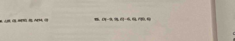 L(8,0), M(10,8), N(14,0)
15, D(-9,9), E(-6,6), F(0,6)