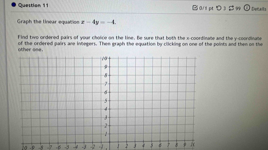 [0/1 pt つ3 99 ① Details 
Graph the linear equation x-4y=-4. 
Find two ordered pairs of your choice on the line. Be sure that both the x-coordinate and the y-coordinate 
of the ordered pairs are integers. Then graph the equation by clicking on one of the points and then on the 
other one. 
io -0 -8 -7 -6 -5 -4 -3 -2 -1 1 2 3 4 5 6 7 8