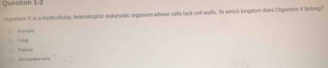 Organism X is a multicellular, heterotrophic eukaryotic organism whose cells lack cell walls. To which kingdom does Organism X belong?
Animalia
Fungi
Plantae
Archaeabacteria