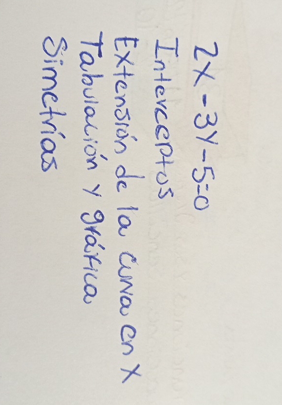 2x-3y-5=0
Interceptos
Extension do la CuNa en X
Tabulalion y grafica
Simetrias