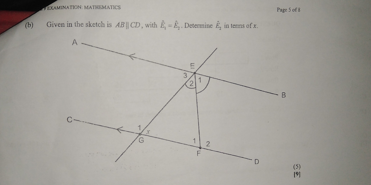 EXAMINATION: MATHEMATICS Page 5 of 8 
(b) Given in the sketch is ABparallel CD , with hat E_1=hat E_2. Determine hat E_2 in terms of x.